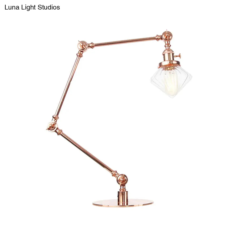 Vintage Diamond Shade Table Lamp: Amber/Clear Glass Adjustable Arm - Black/Brass