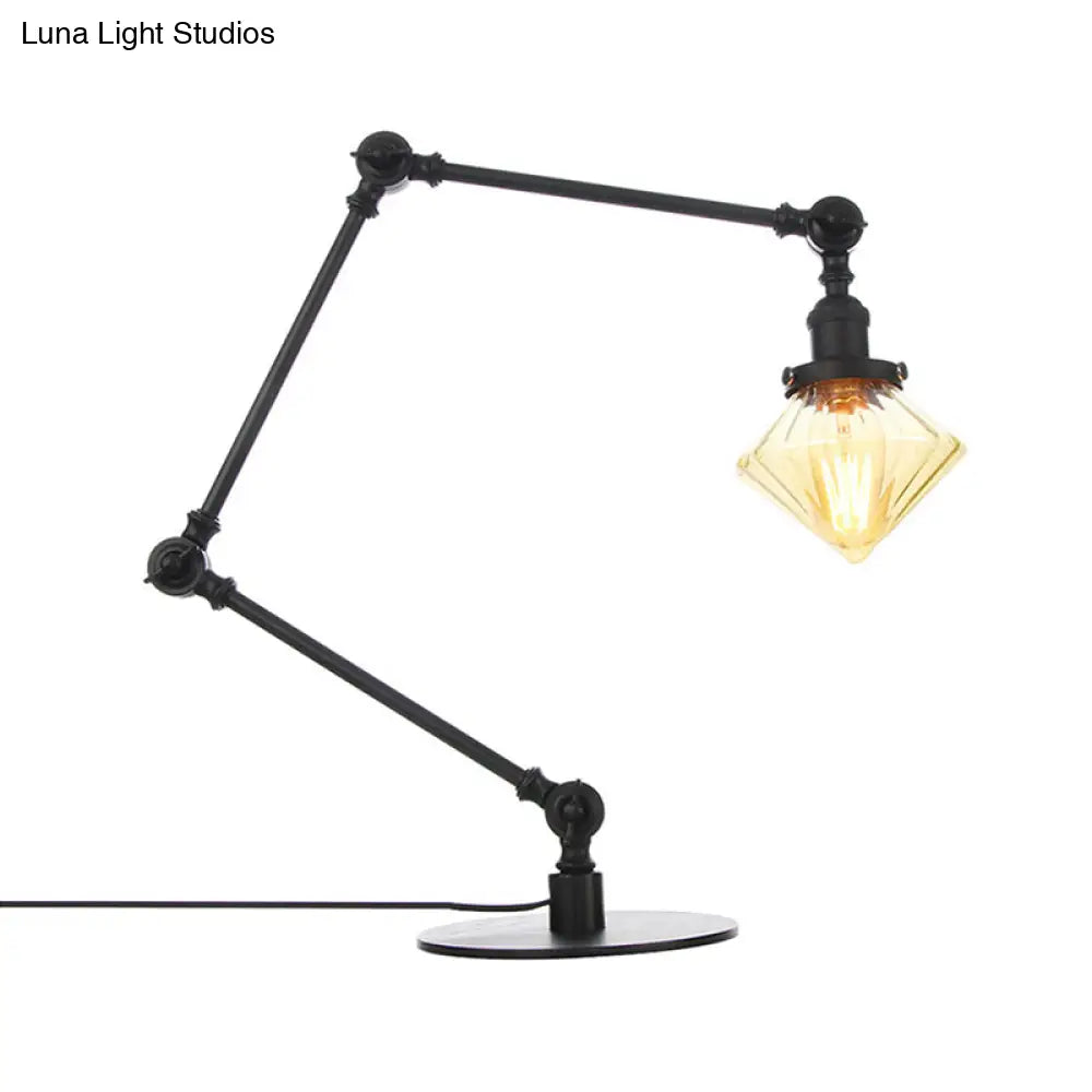 Vintage Diamond Shade Table Lamp: Amber/Clear Glass Adjustable Arm - Black/Brass