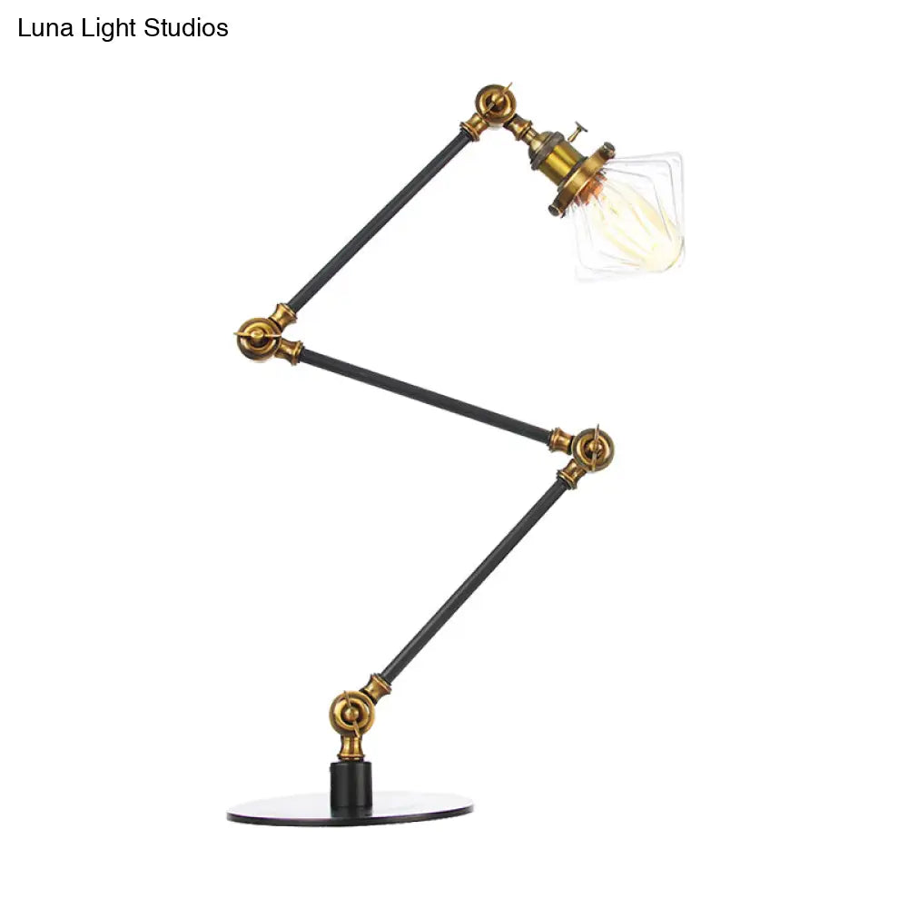 Vintage Diamond Shade Table Lamp: Amber/Clear Glass Adjustable Arm - Black/Brass