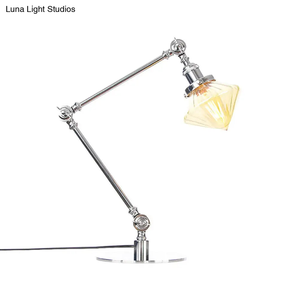 Vintage Diamond Shade Table Lamp: Amber/Clear Glass Adjustable Arm - Black/Brass