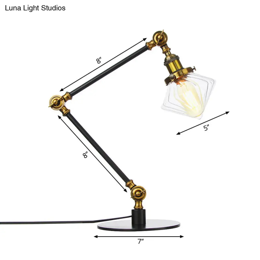 Vintage Diamond Shade Table Lamp: Amber/Clear Glass Adjustable Arm - Black/Brass