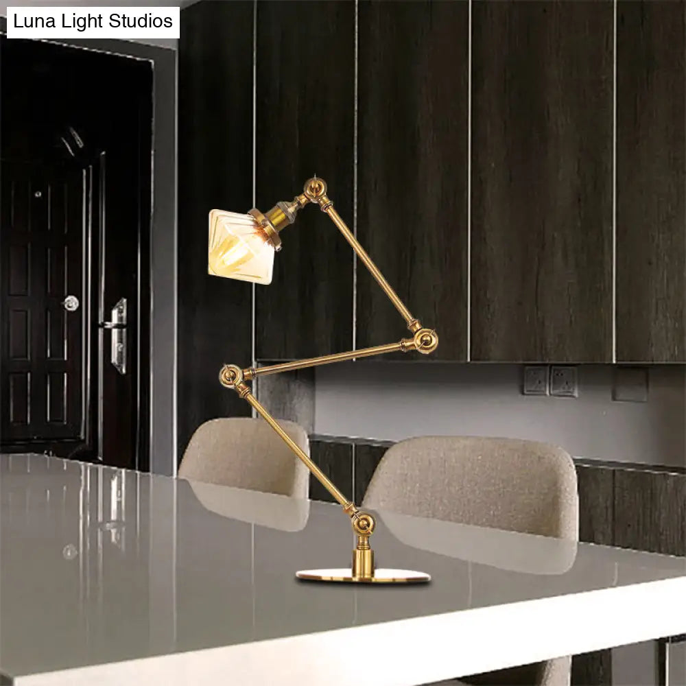 Vintage Diamond Shade Table Lamp: Amber/Clear Glass Adjustable Arm - Black/Brass