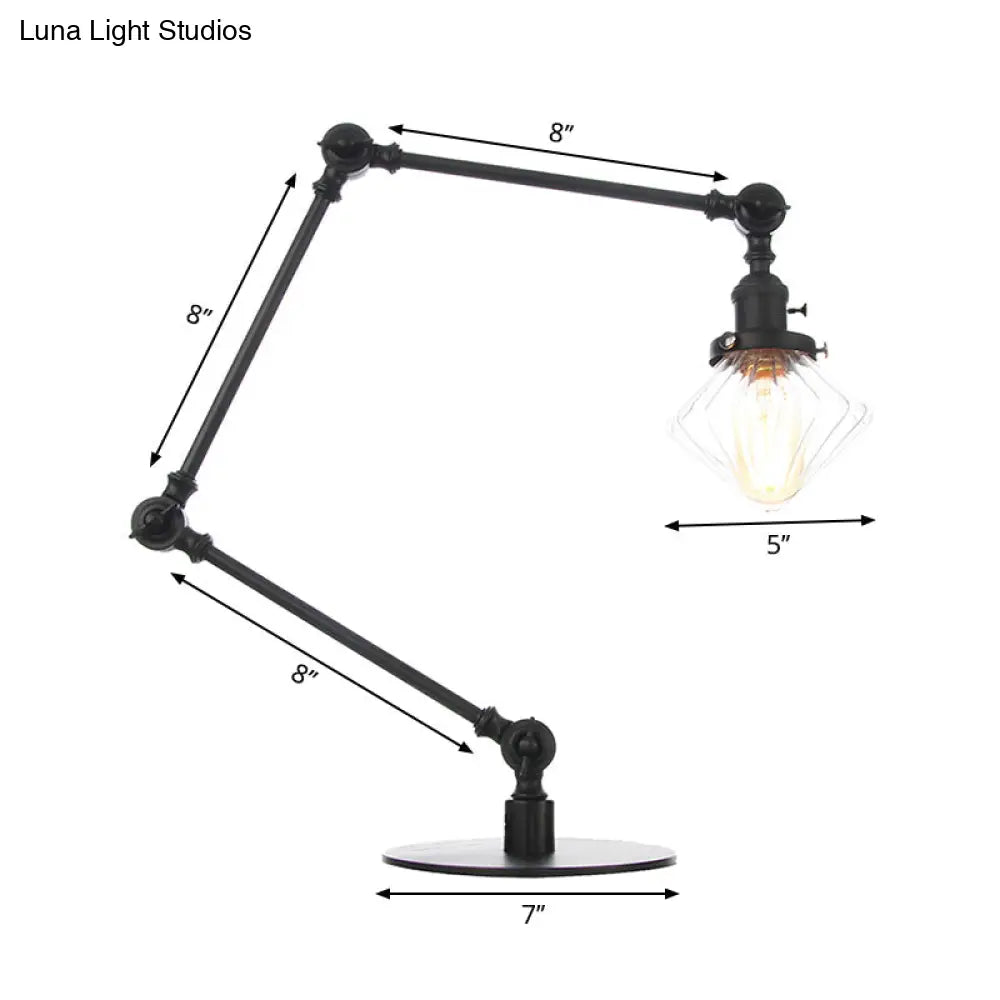 Vintage Diamond Shade Table Lamp: Amber/Clear Glass Adjustable Arm - Black/Brass