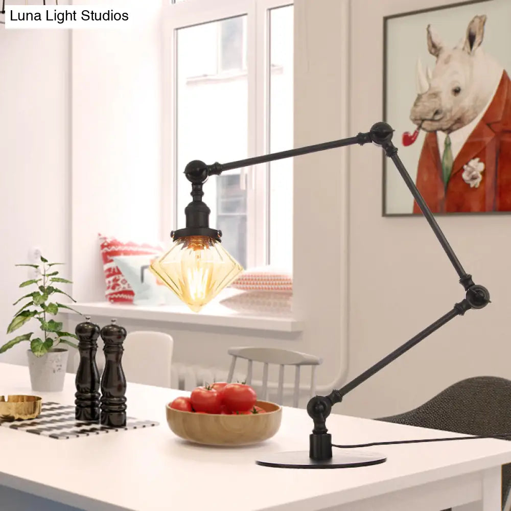 Vintage Diamond Shade Table Lamp: Amber/Clear Glass Adjustable Arm - Black/Brass