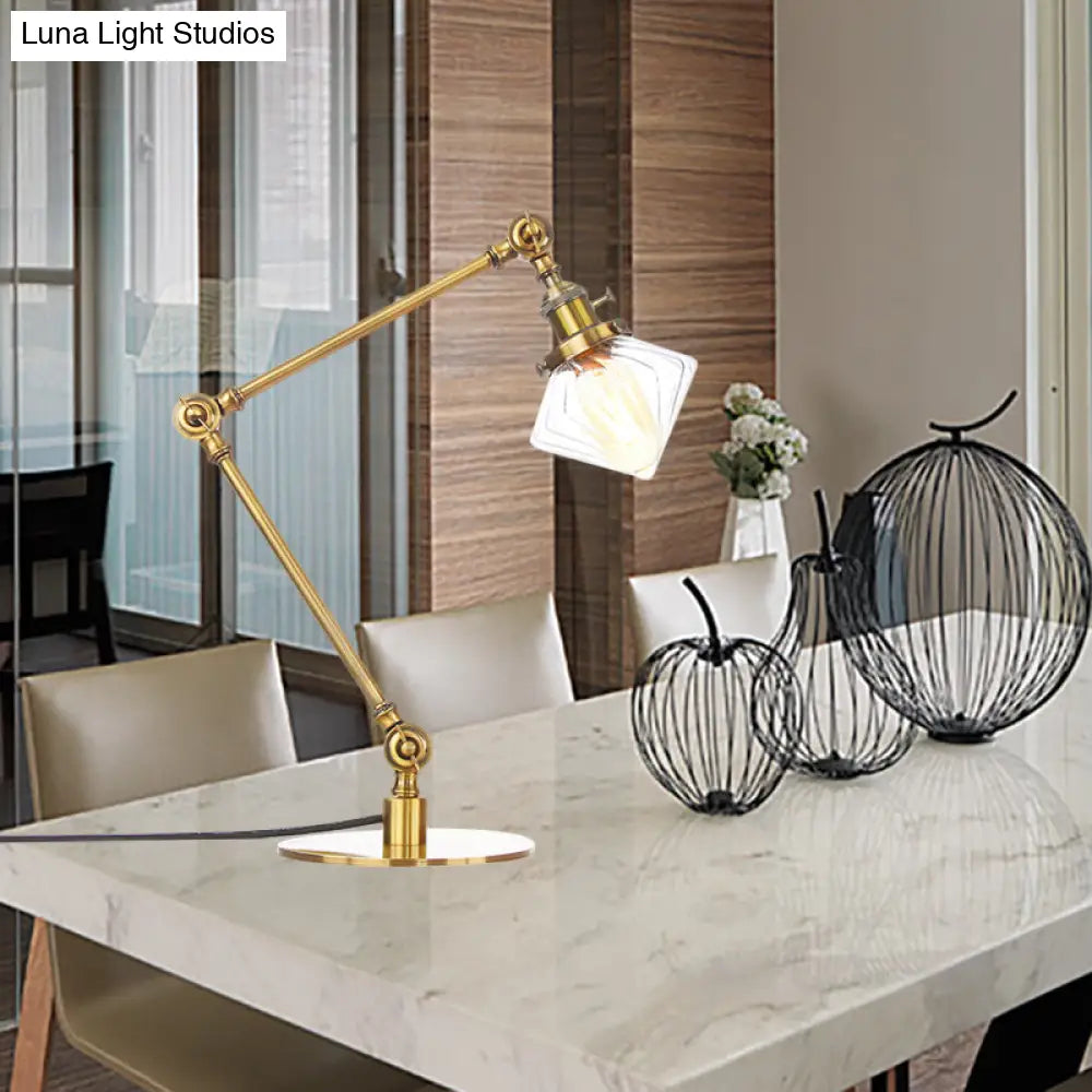 Vintage Diamond Shade Table Lamp: Amber/Clear Glass Adjustable Arm - Black/Brass