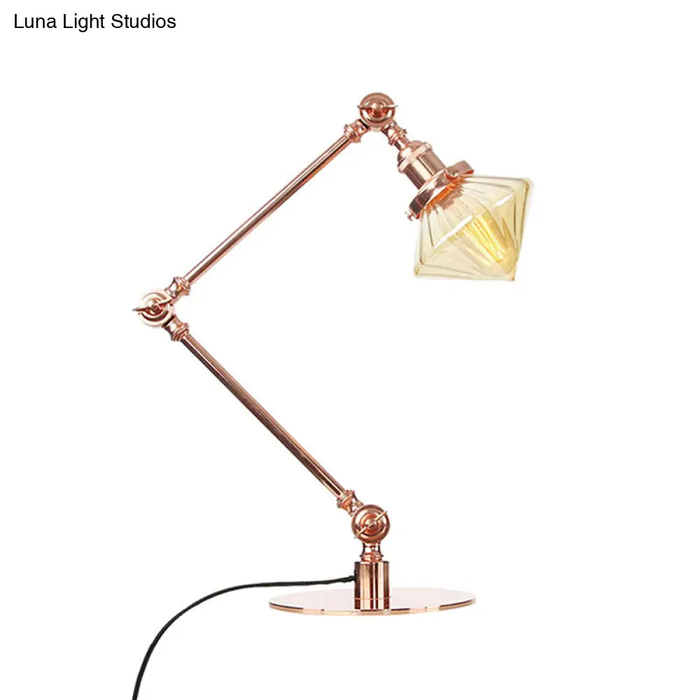 Vintage Diamond Shade Table Lamp: Amber/Clear Glass Adjustable Arm - Black/Brass