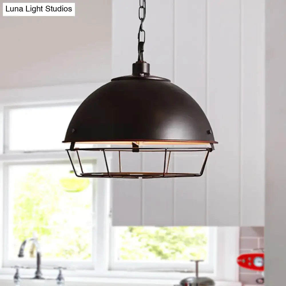 Vintage Dome Pendant Lamp - 1 Head Iron Hanging Light Fixture In Black/Silver For Dining Room