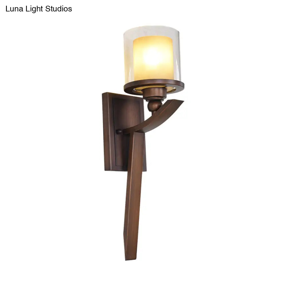 Vintage Double-Layer Glass Wall Cylinder 1-Bulb Light Fixture For Bedroom - Brown