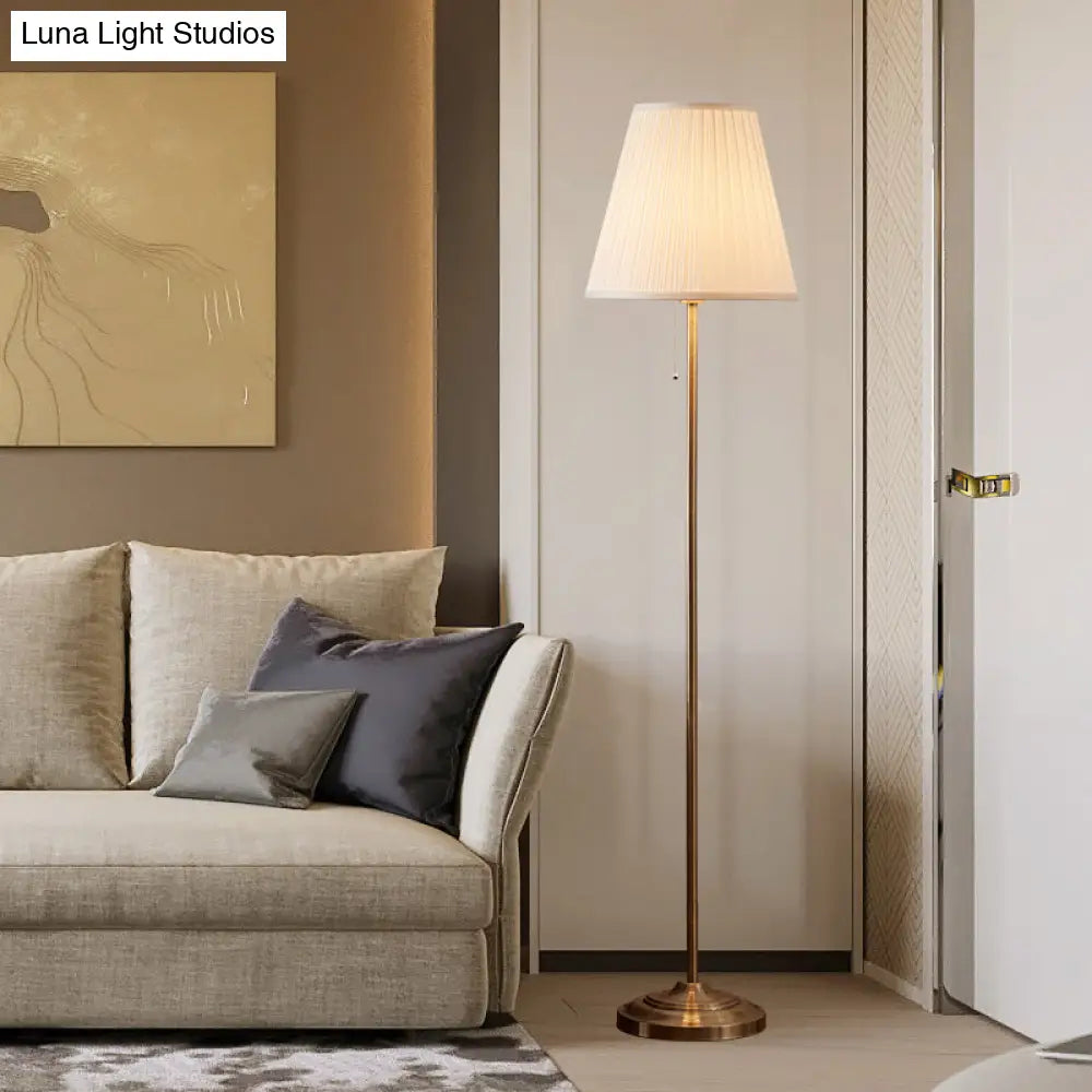 Vintage Fabric Standing Floor Lamp With Pleated Brown Shade & Pull Chain For Living Room - 1 Head