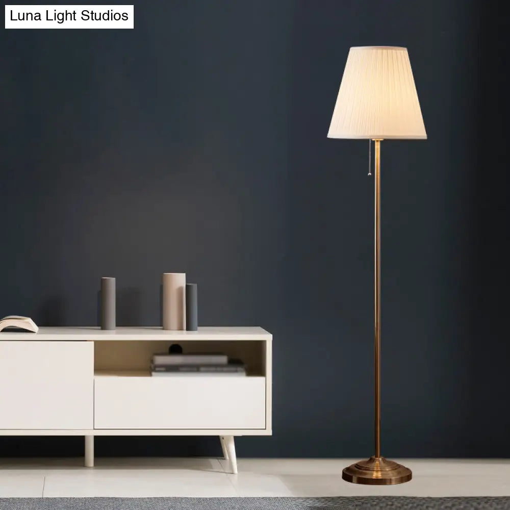 Vintage Fabric Standing Floor Lamp With Pleated Brown Shade & Pull Chain For Living Room - 1 Head
