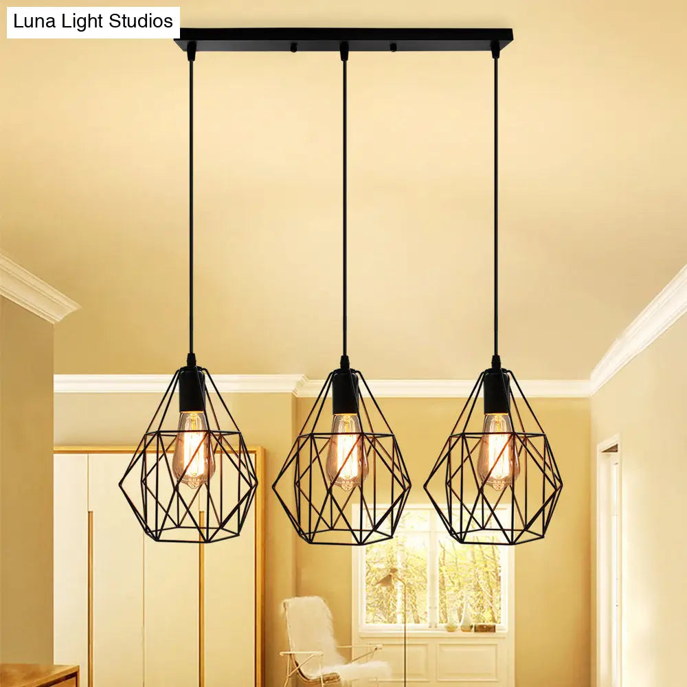 Vintage Faceted Cage Ceiling Fixture 3 Bulbs Pendant Lighting Black Metal For Dining Table