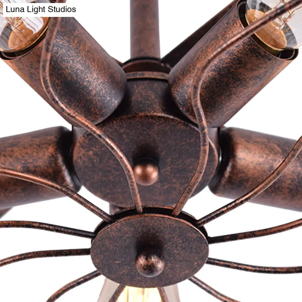 Vintage Fan Shaped 5-Light Iron Ceiling Light With Wire Cage Shade - Semi Flush Mount In Rust/Black