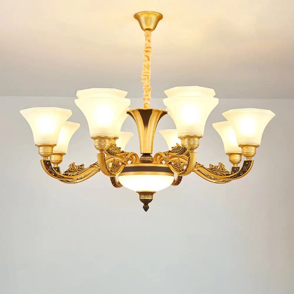 Vintage Flared Suspension Chandelier For Living Room - Cream Frosted Glass Light 12 /