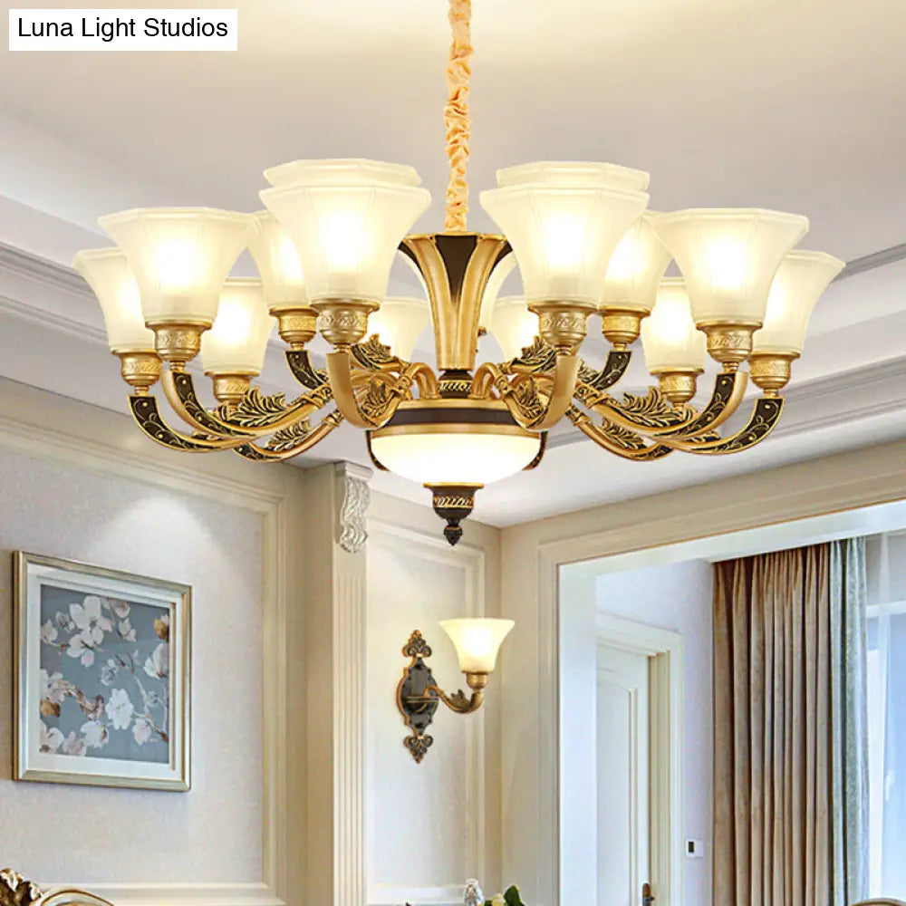 Vintage Flared Suspension Chandelier For Living Room - Cream Frosted Glass Light