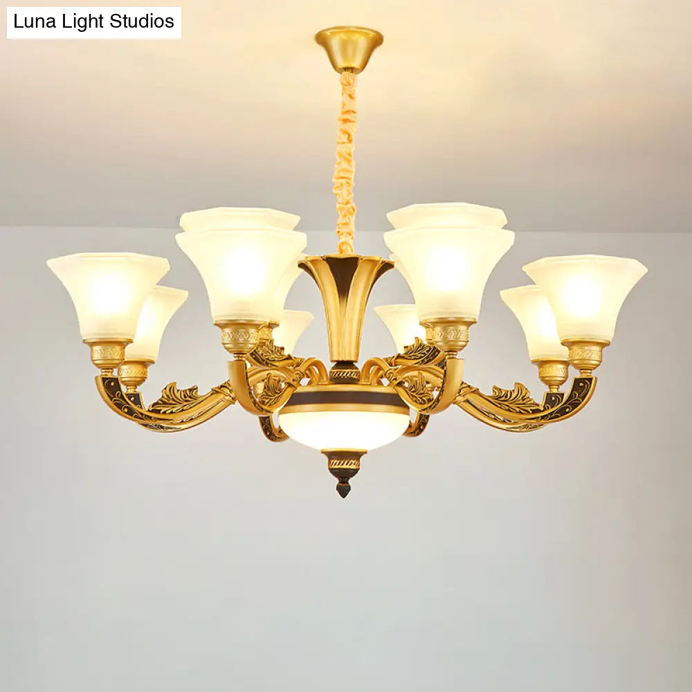 Vintage Flared Suspension Chandelier For Living Room - Cream Frosted Glass Light