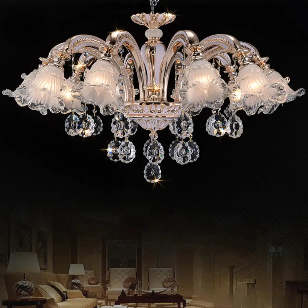 Vintage Floral Chandelier Pendant With Ribbed Ruffle Glass And Crystal Accent 10 / White-Gold