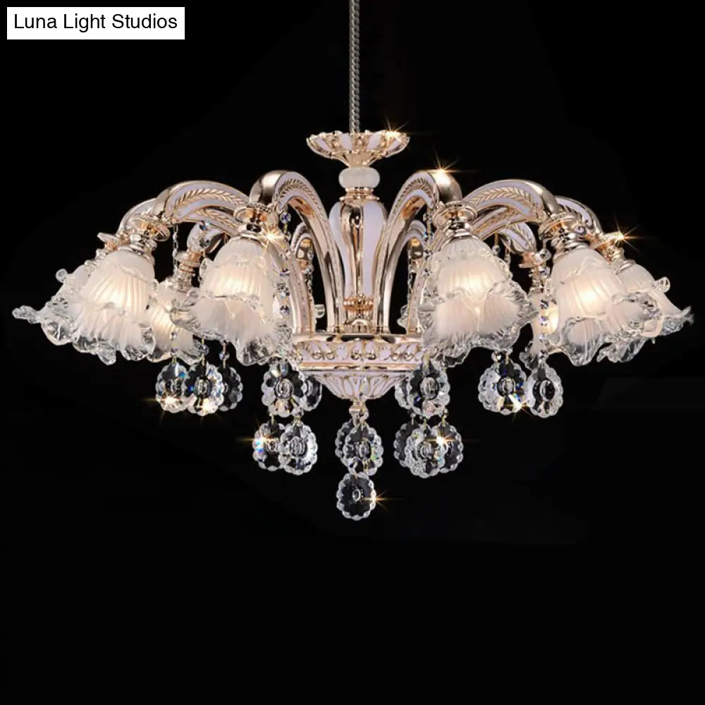 Vintage Floral Chandelier Pendant With Ribbed Ruffle Glass And Crystal Accent