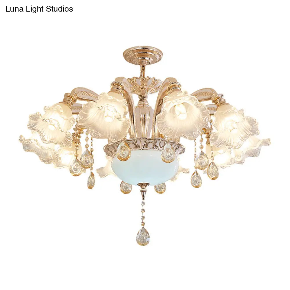 Vintage Floral Chandelier Pendant With Ribbed Ruffle Glass And Crystal Accent