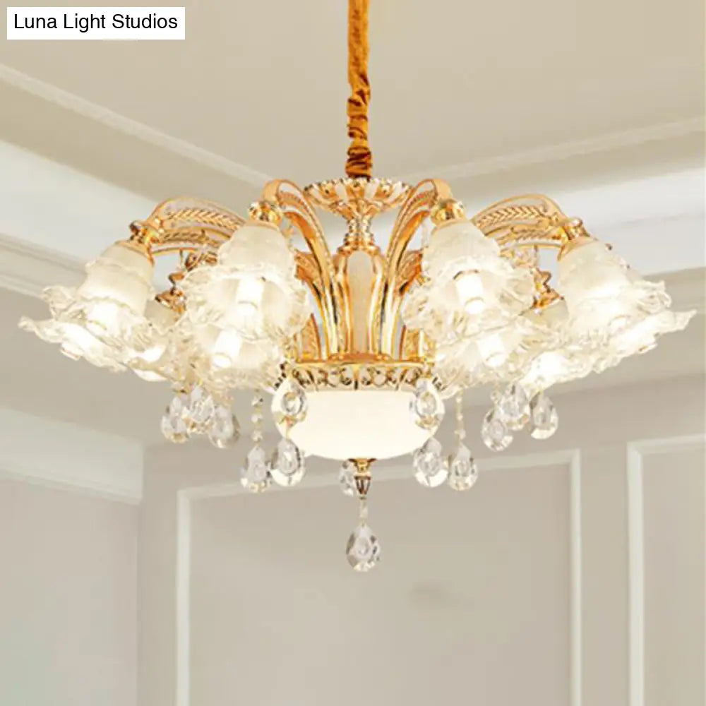 Vintage Floral Chandelier Pendant With Ribbed Ruffle Glass And Crystal Accent