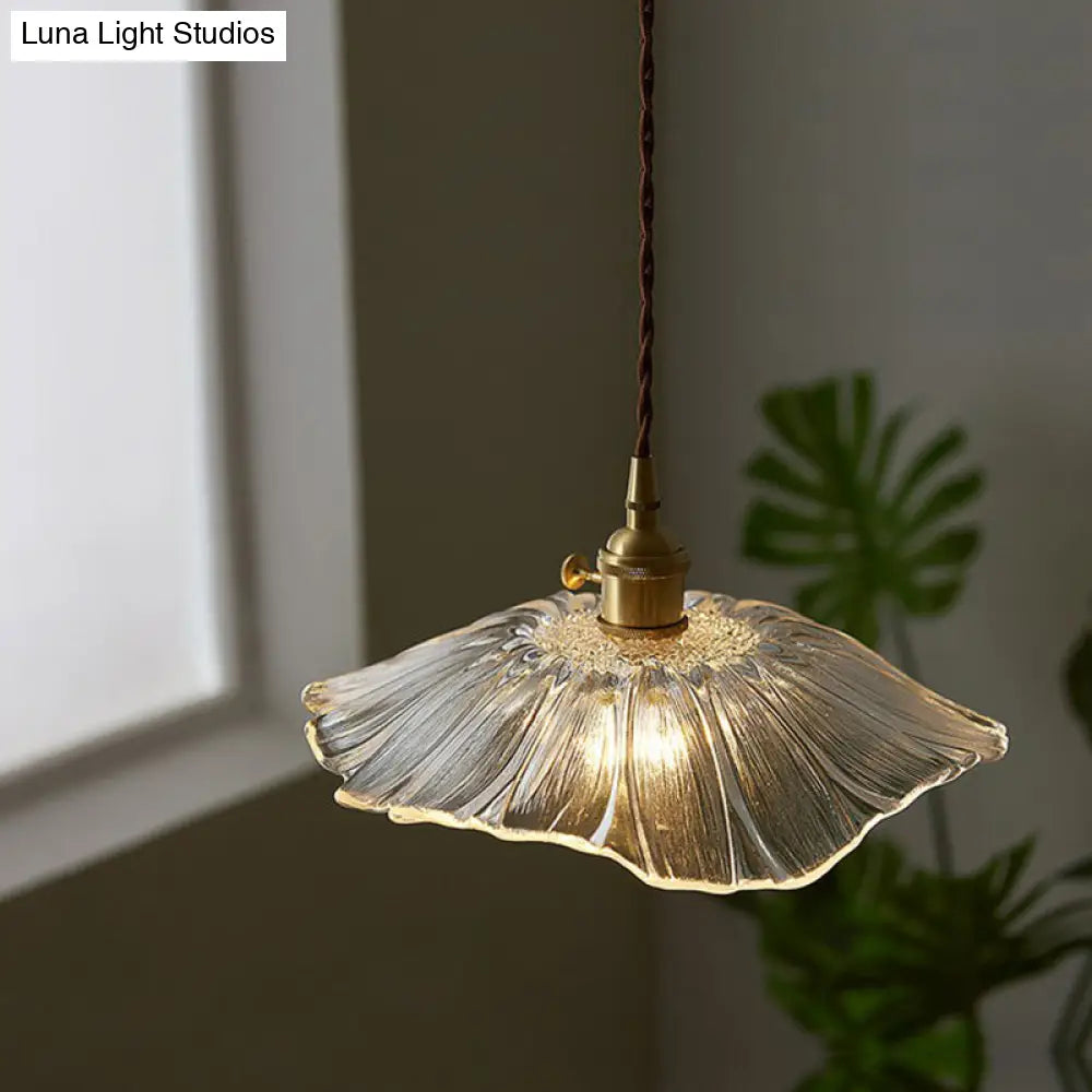 Vintage Floral Glass Pendant Light Fixture For Restaurants - Single Ruffled Design