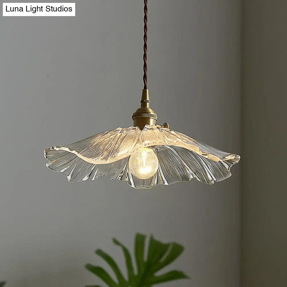 Vintage Floral Glass Pendant Light Fixture For Restaurants - Single Ruffled Design