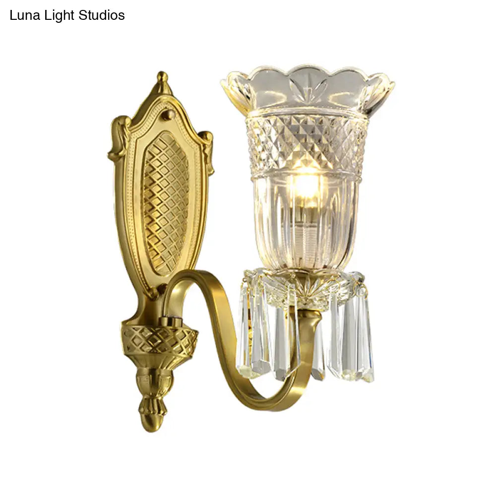 Vintage Floral Wall Light With Clear Crystal Glass Shade In Gold - 1 Mounted Lamp