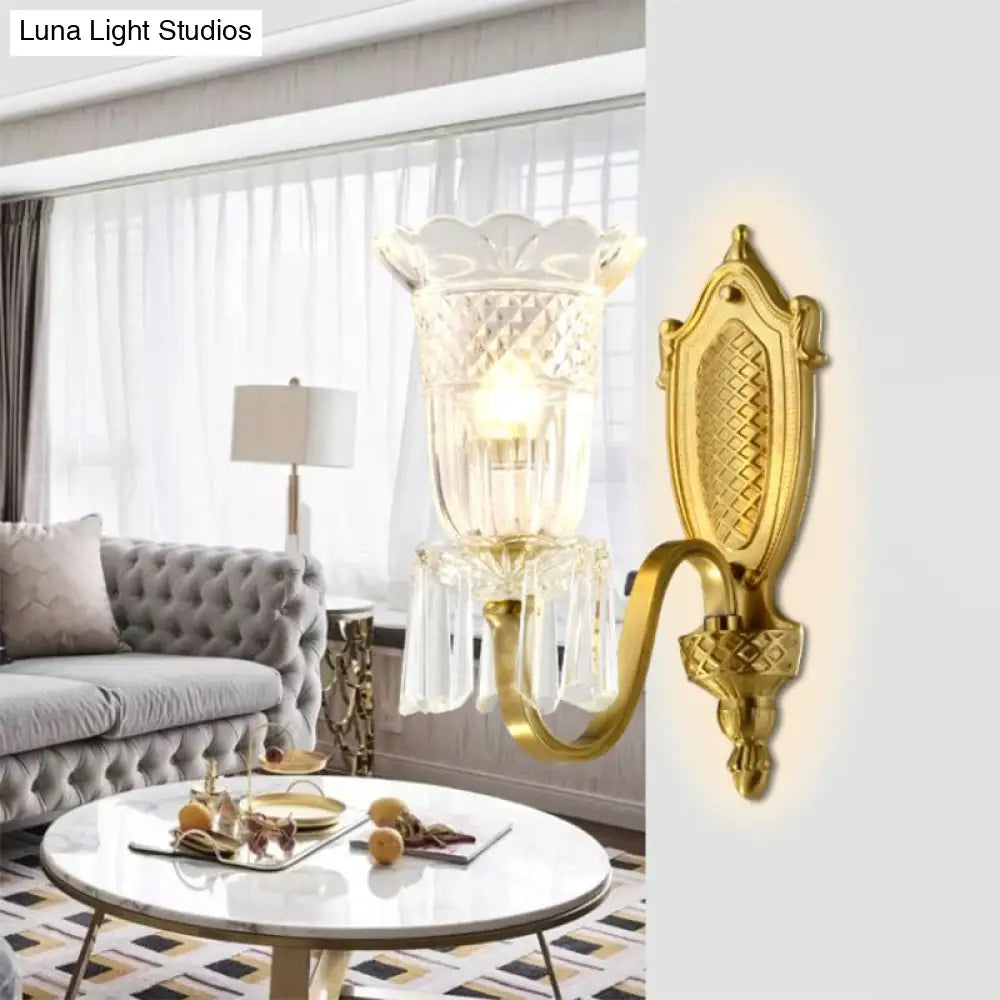 Vintage Floral Wall Light With Clear Crystal Glass Shade In Gold - 1 Mounted Lamp