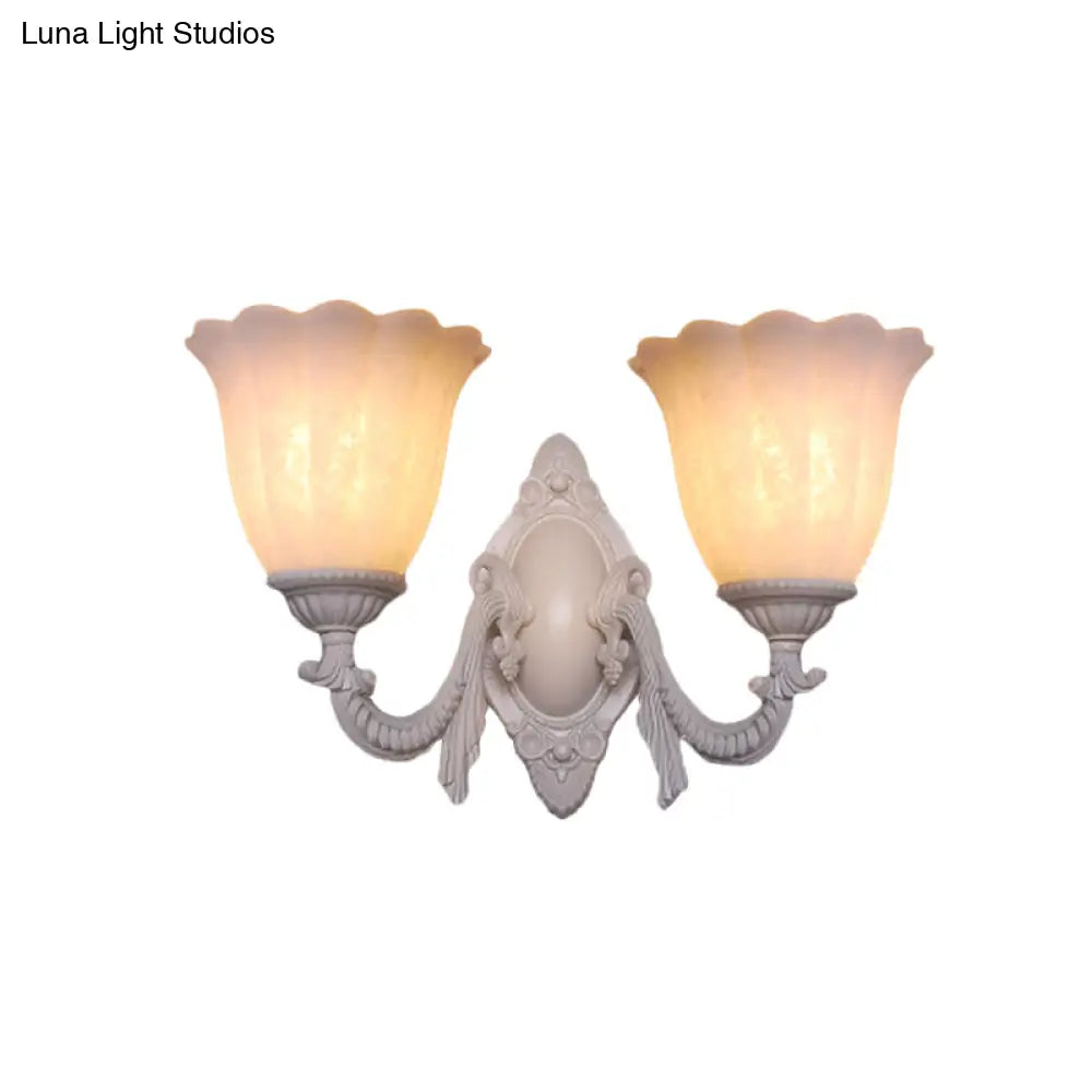 Vintage Flower White Glass Sconce Light With Curved Arm - Wall Mounted Lighting For Living Room