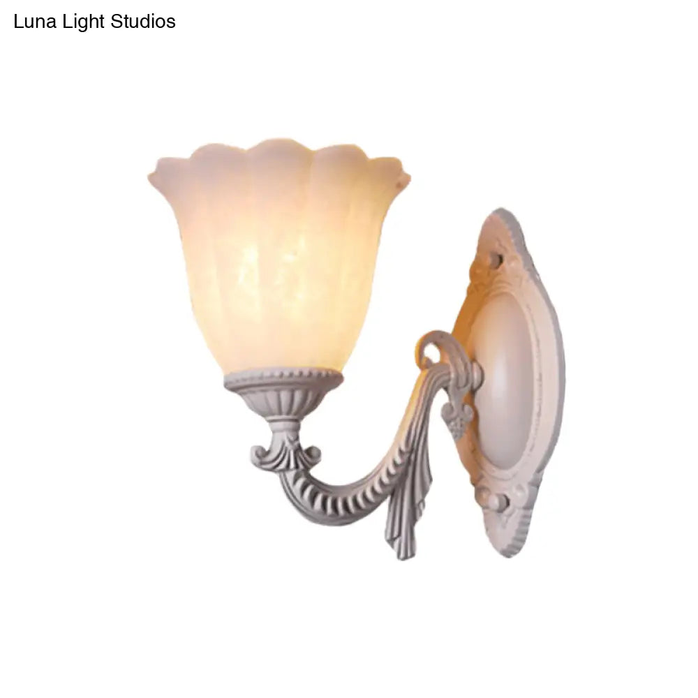 Vintage Flower White Glass Sconce Light With Curved Arm - Wall Mounted Lighting For Living Room