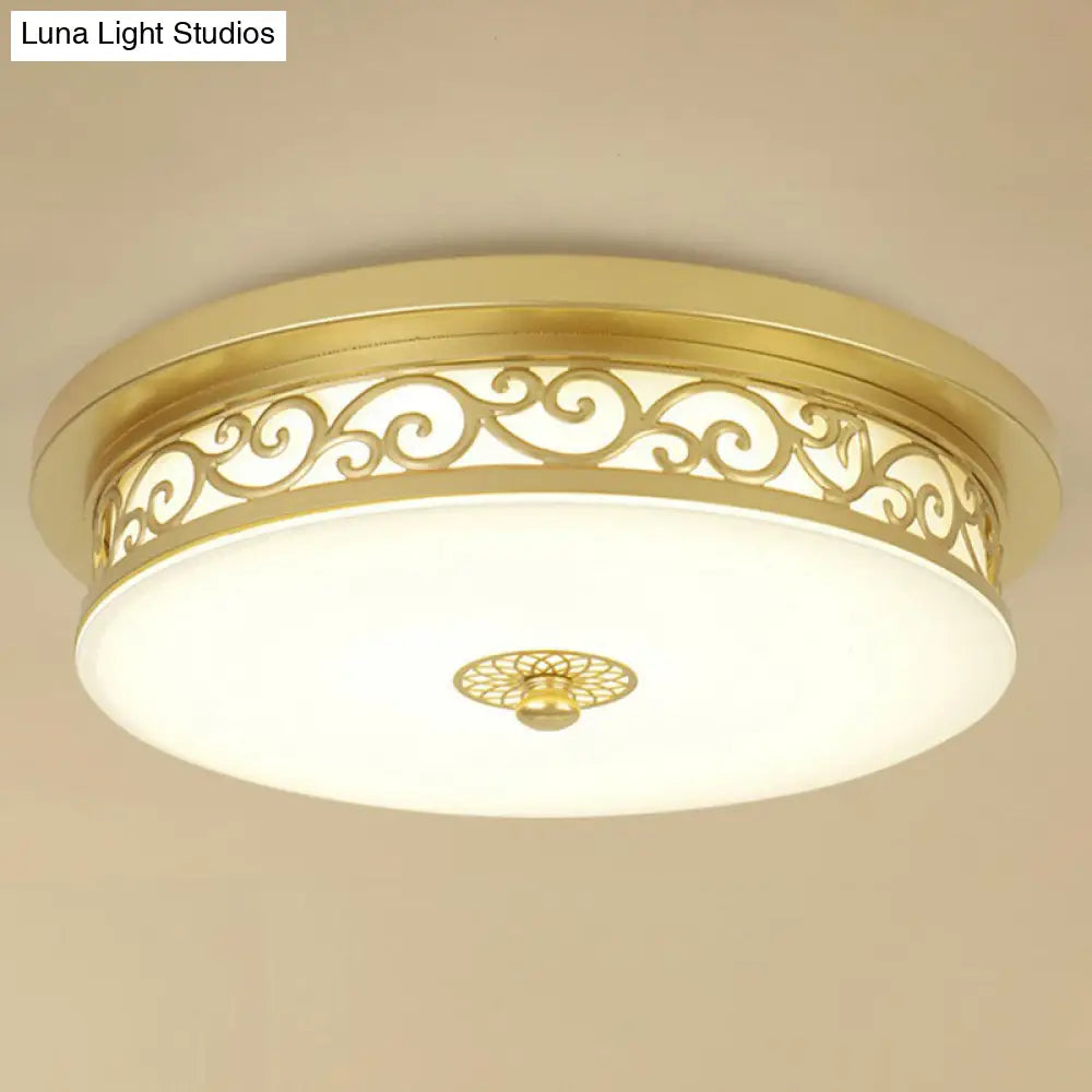 Vintage Frosted Glass Drum Led Ceiling Light - Flush Mount For Living Room