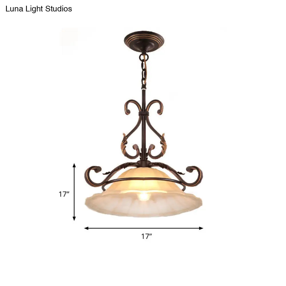 Vintage Frosted Glass Pendant Light With Flared Design And Black-Gold Arm For Dining Room