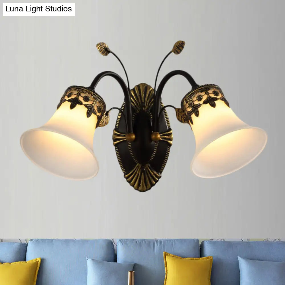 Vintage Frosted Glass Wall Sconce With Curved Arm - Black Bell 1/2-Light Fixture For Foyer