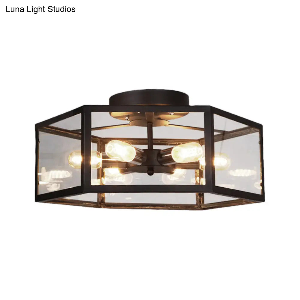 Vintage Geometric Clear Glass Ceiling Light With 6 Bulbs - Black Semi Flush Mount For Kitchen