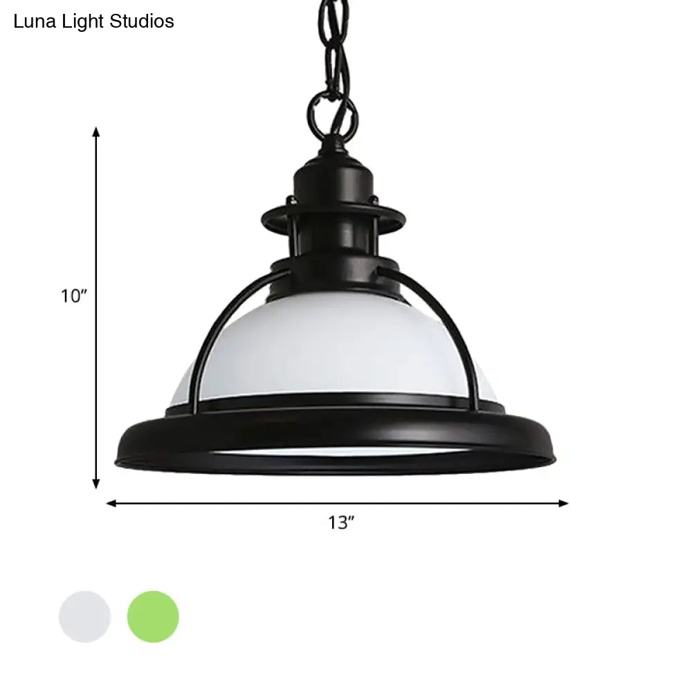 Vintage Glass Dome Pendant Ceiling Light - Black One With White/Green Finish For Dining Room