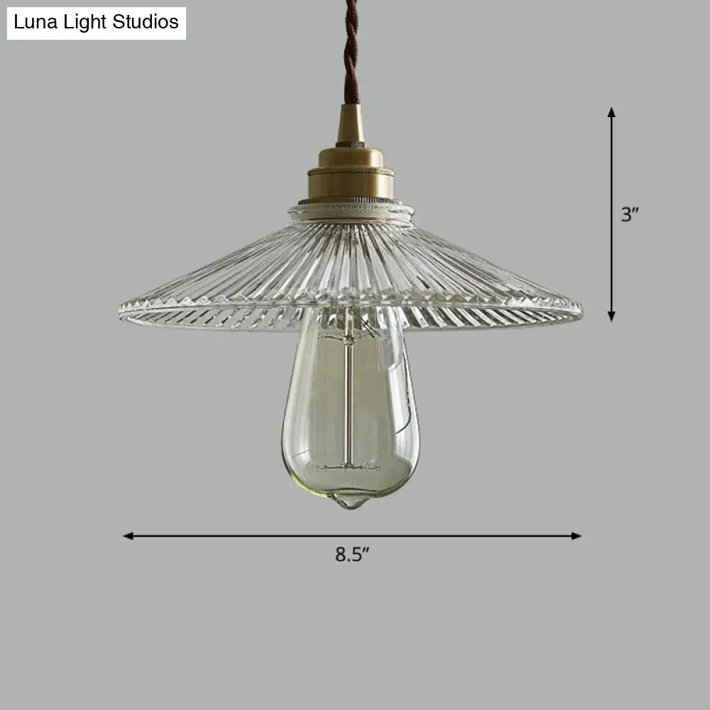 Vintage Glass Hanging Lamp: Cone-Shaped Clear Ribbed Pendant For Dining Room Lighting & Single-Bulb