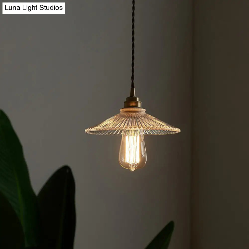 Vintage Glass Hanging Lamp: Cone-Shaped Clear Ribbed Pendant For Dining Room Lighting & Single-Bulb