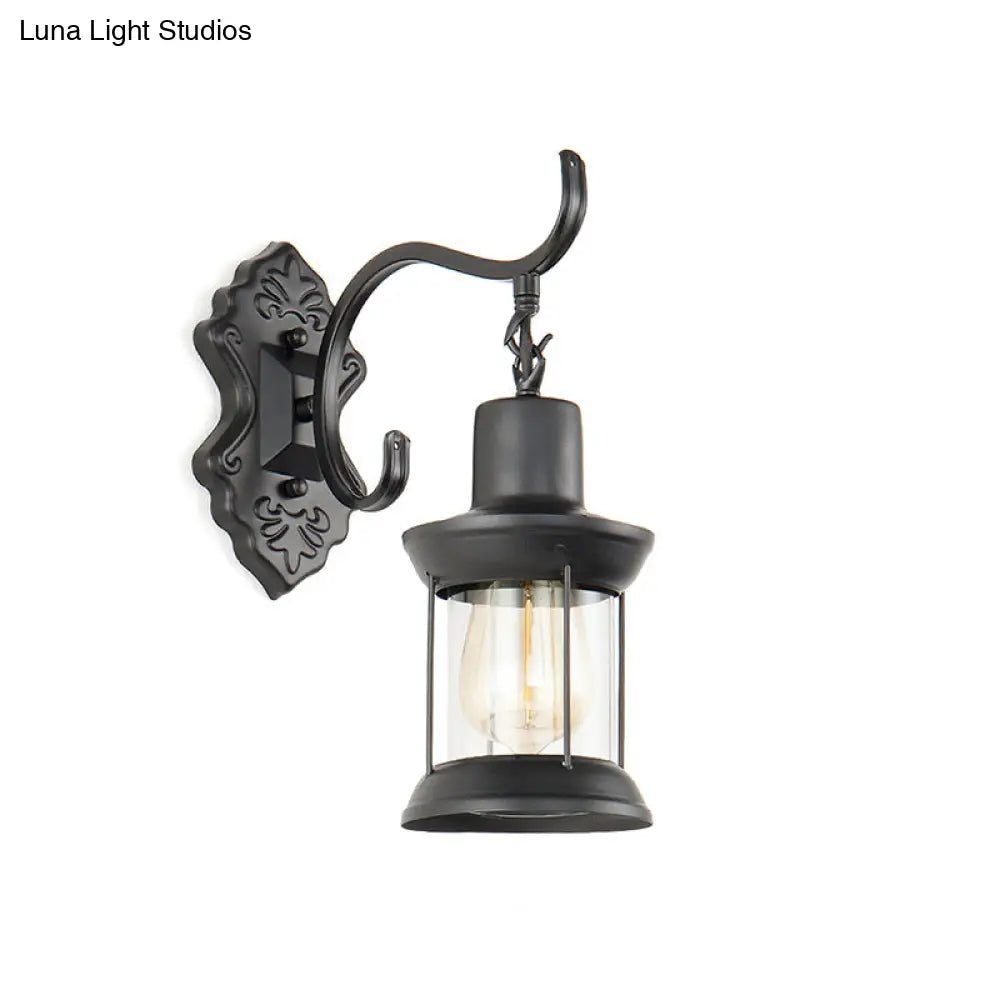 Vintage Glass Wall Mounted Lantern: Single Bulb Outdoor Sconce Light In Black With Carved Pattern