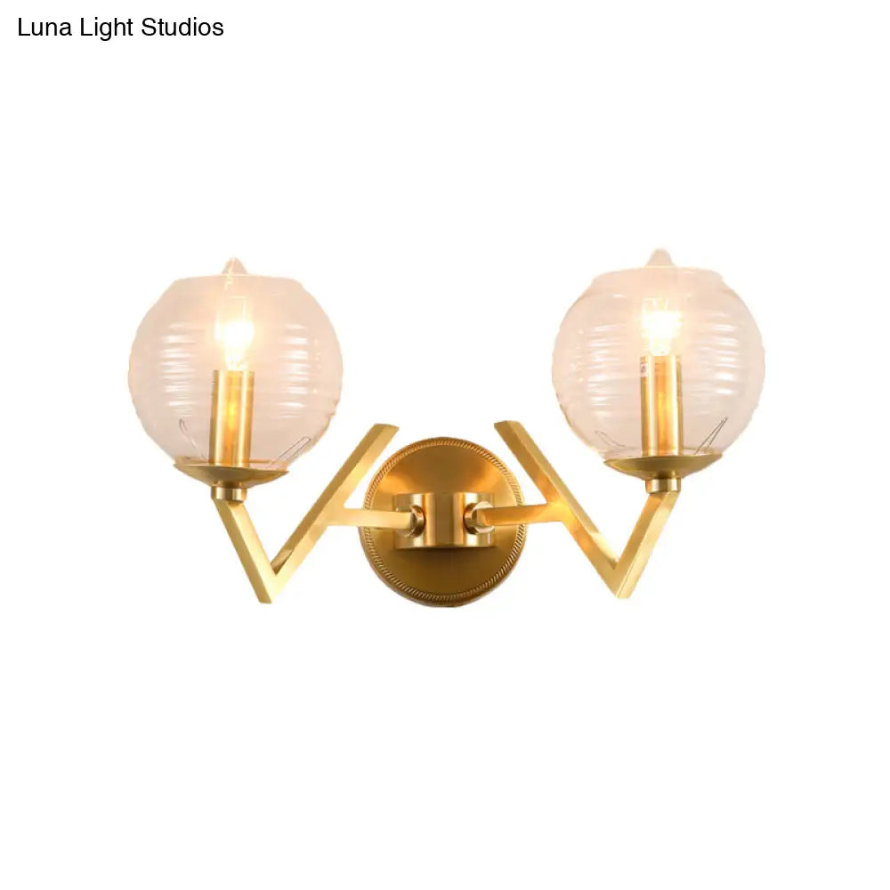 Vintage Gold Colonial Glass Sconce With Ribbed Texture And V-Shaped Metal Arm