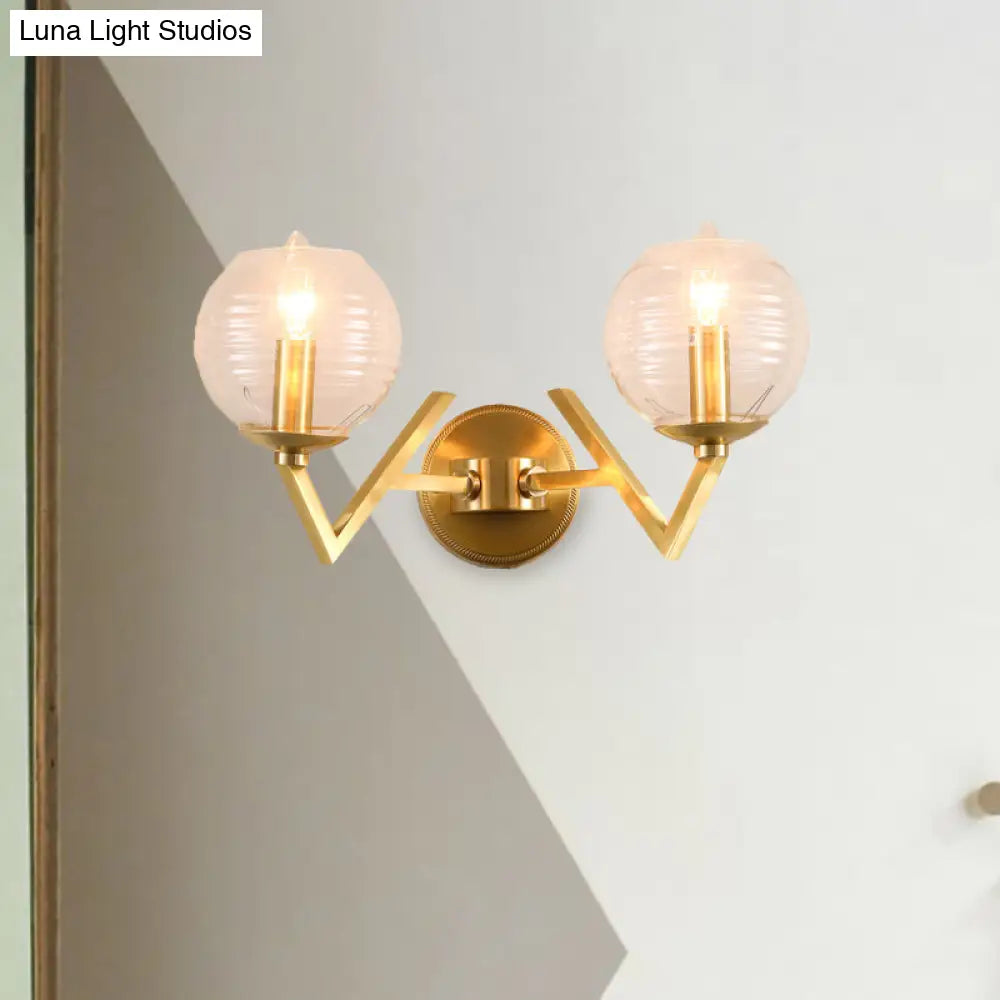 Vintage Gold Colonial Glass Sconce With Ribbed Texture And V-Shaped Metal Arm