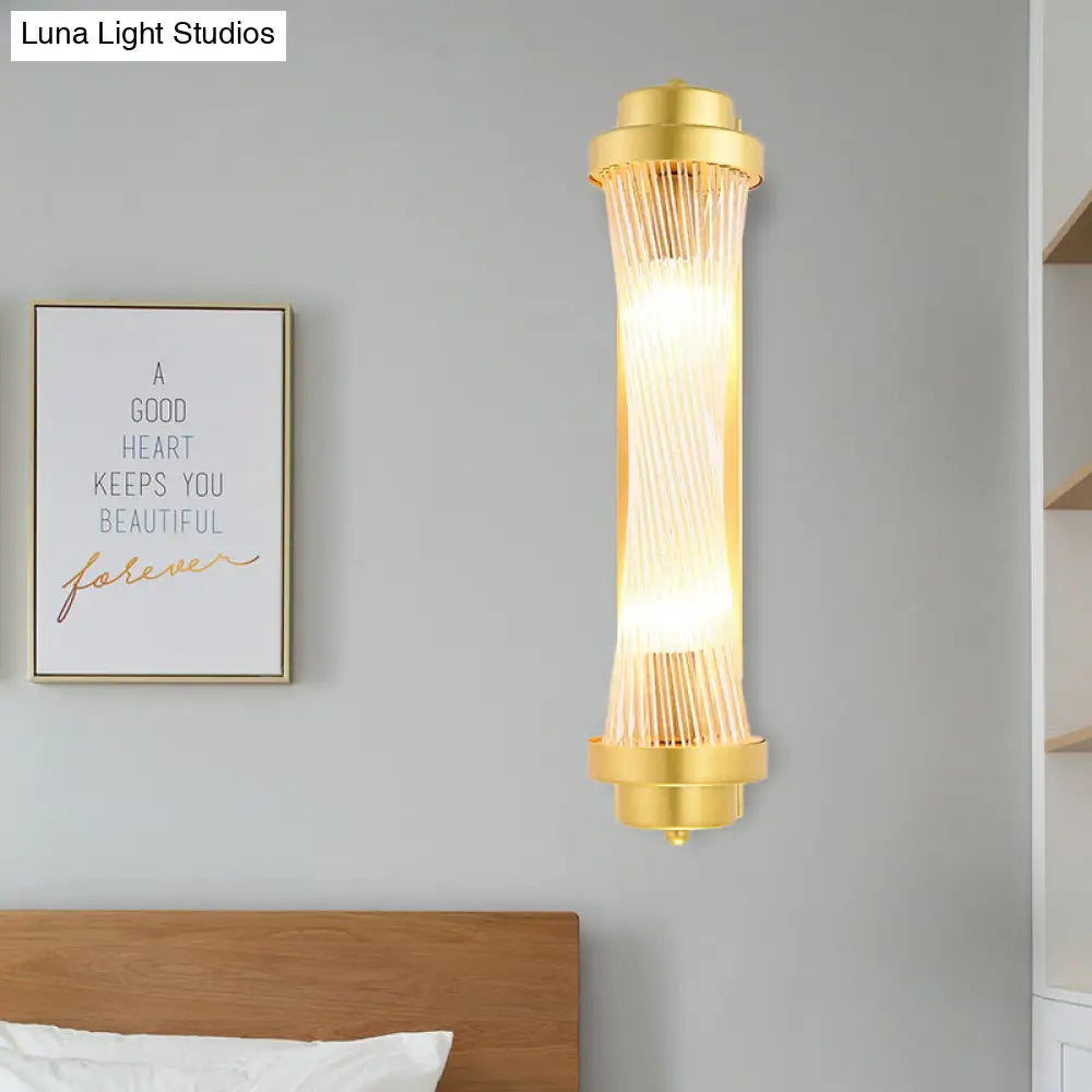 Vintage Gold Cylinder Wall Sconce With Clear Glass And Dual Led Lights For Bedroom