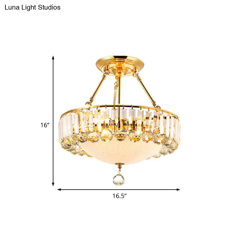 Vintage Gold Drum Semi Mount Lighting With Crystal Accents And Milk Glass Diffuser