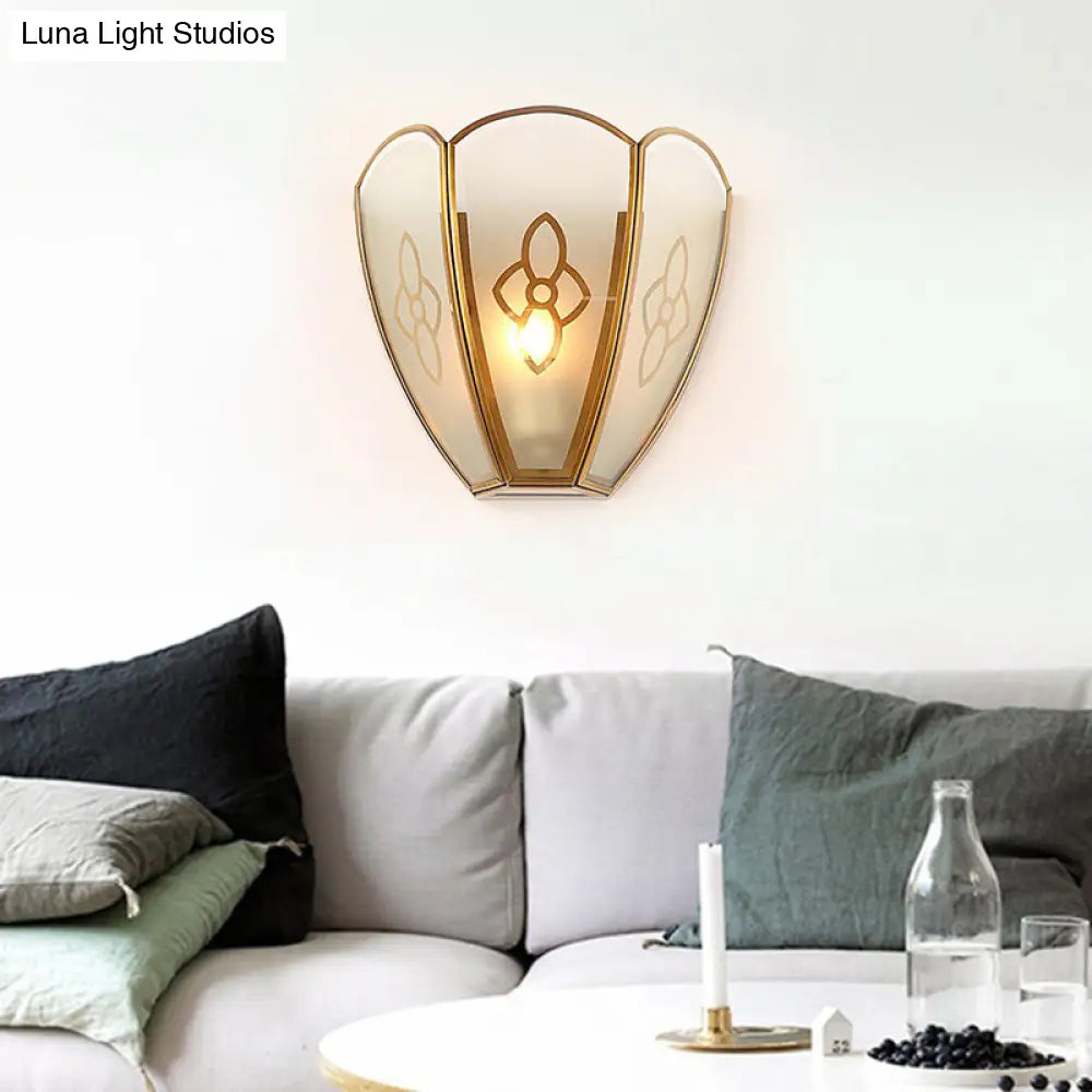 Vintage Gold Flush Sconce Light With Floral Opal Glass Shade - Wall Mount Lighting