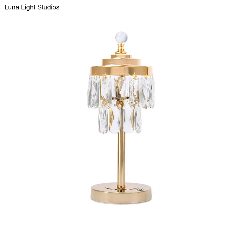 Vintage Gold Led Table Lamp With Beveled Crystal Prism - 2 Tiers Bedroom Nightstand Light