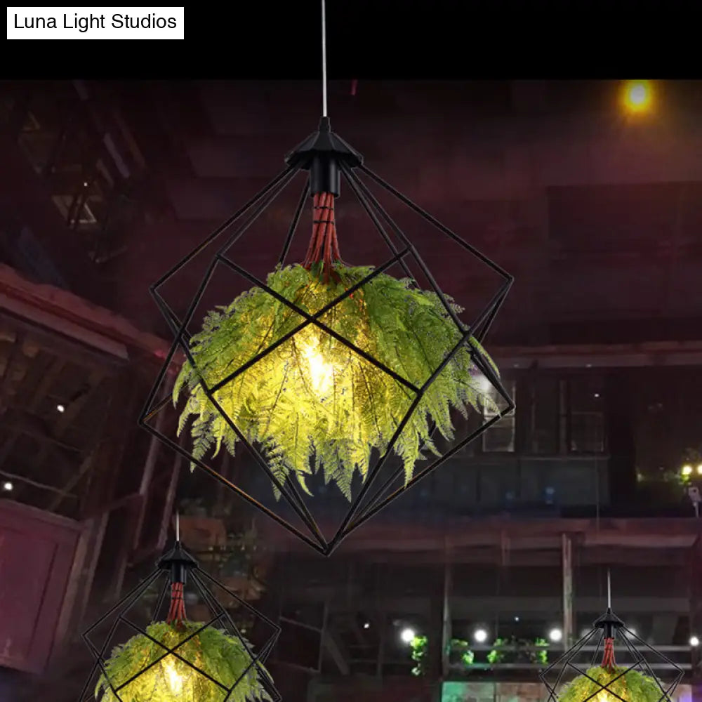 Vintage Green Caged Iron Plant Hanging Lamp - Single-Bulb Pendant For Restaurant Lighting