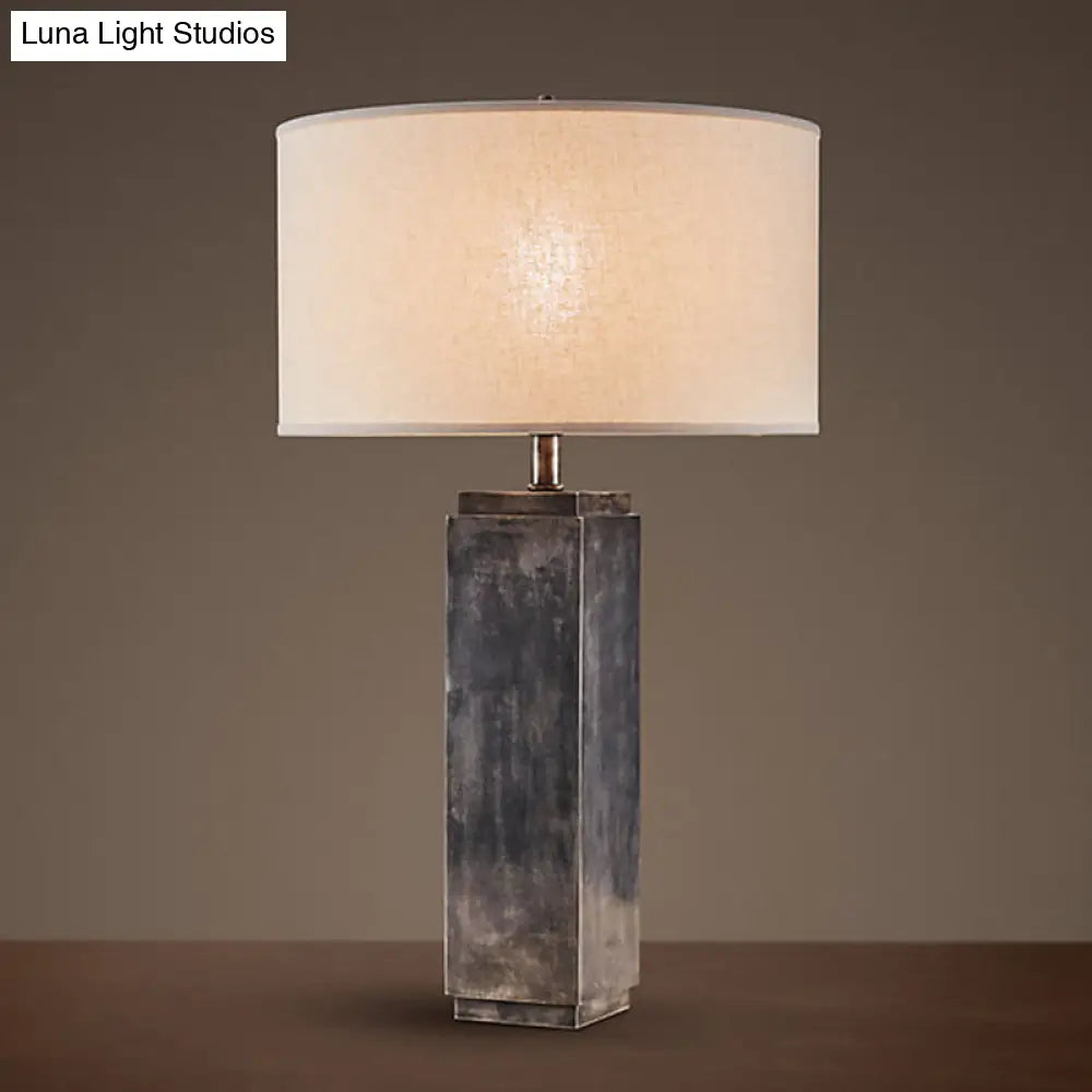 Vintage Grey/Brown Wood Night Table Lamp With Fabric Shade - Stylish 1-Light Desk Light For Living