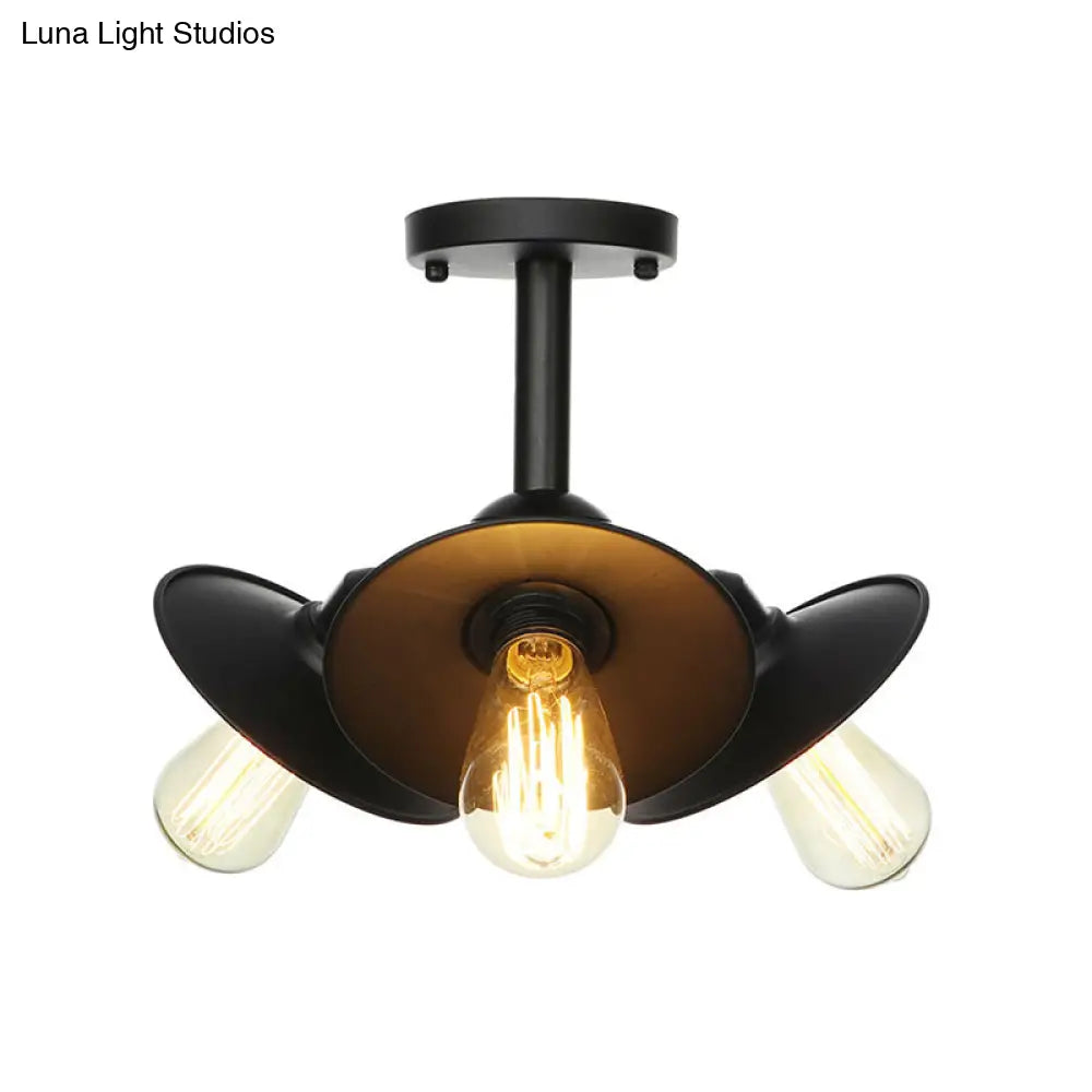 Vintage Indoor Ceiling Light - Black Flush Mount With Metallic Cone/Saucer Shade