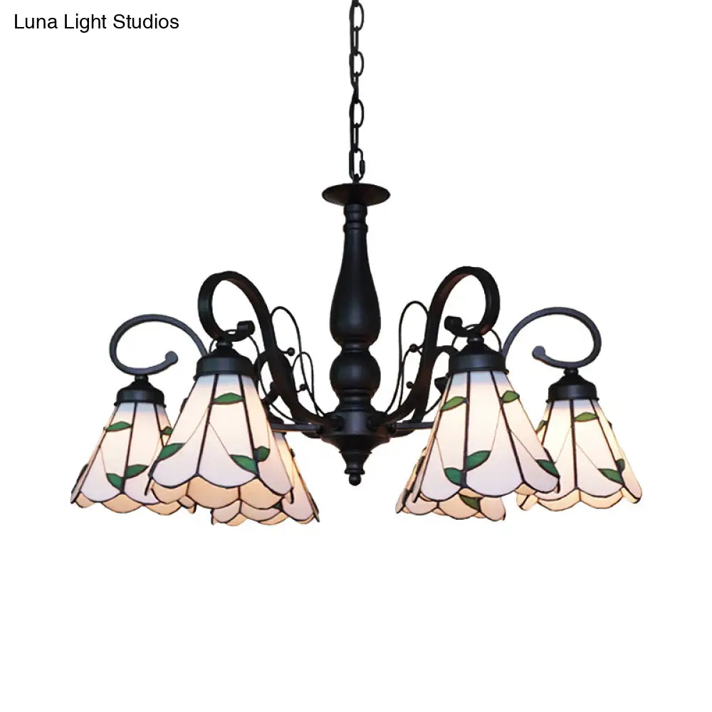Vintage Indoor Lighting: Multi Light Cone Chandelier With Rhombus/Leaf Pattern Beige Glass For