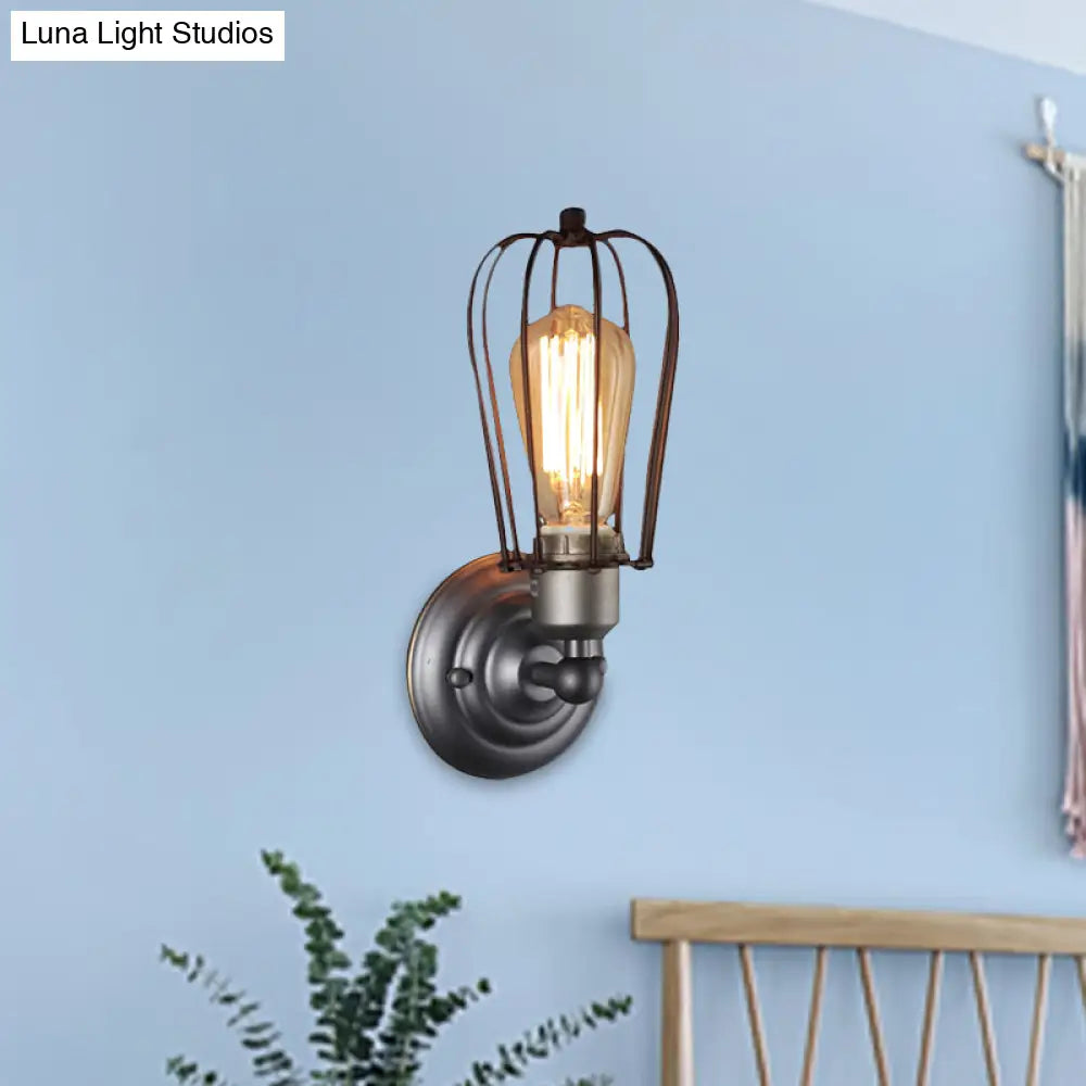 Vintage Industrial 1/2-Light Metal Bulb Wall Sconce With Cage Shade For Restaurants - Black/Nickel