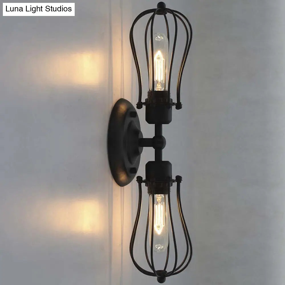 Vintage Industrial 1/2-Light Metal Bulb Wall Sconce With Cage Shade For Restaurants - Black/Nickel