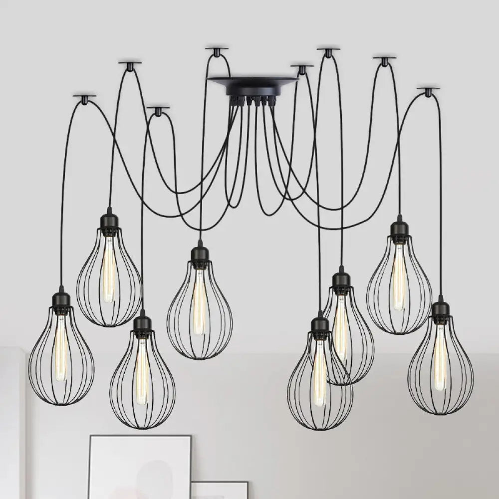 Vintage Iron Pear Cage Hanging Light: 2/3/6-Light Coffee House Swag Pendulum Lamp In Black 8 /
